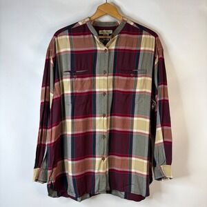 Eddie Bauer Plaid Shirt Women XL Burgundy Tan Band Collar Rayon Long Sleeve